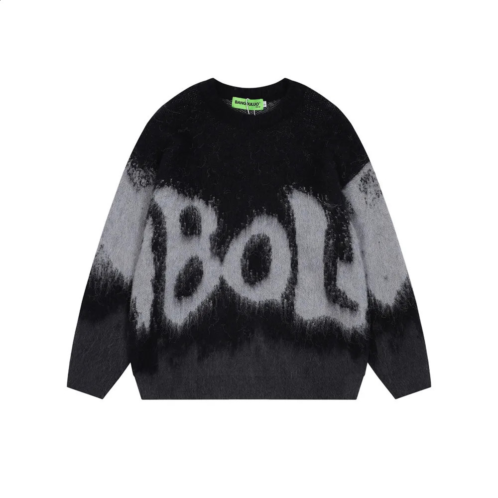 Hip Hop Streetwear Contrast Color Pullover Sweater Mens Gradient Brushed Round Neck Knitted Sweater Mens Oversized Sweater 240829