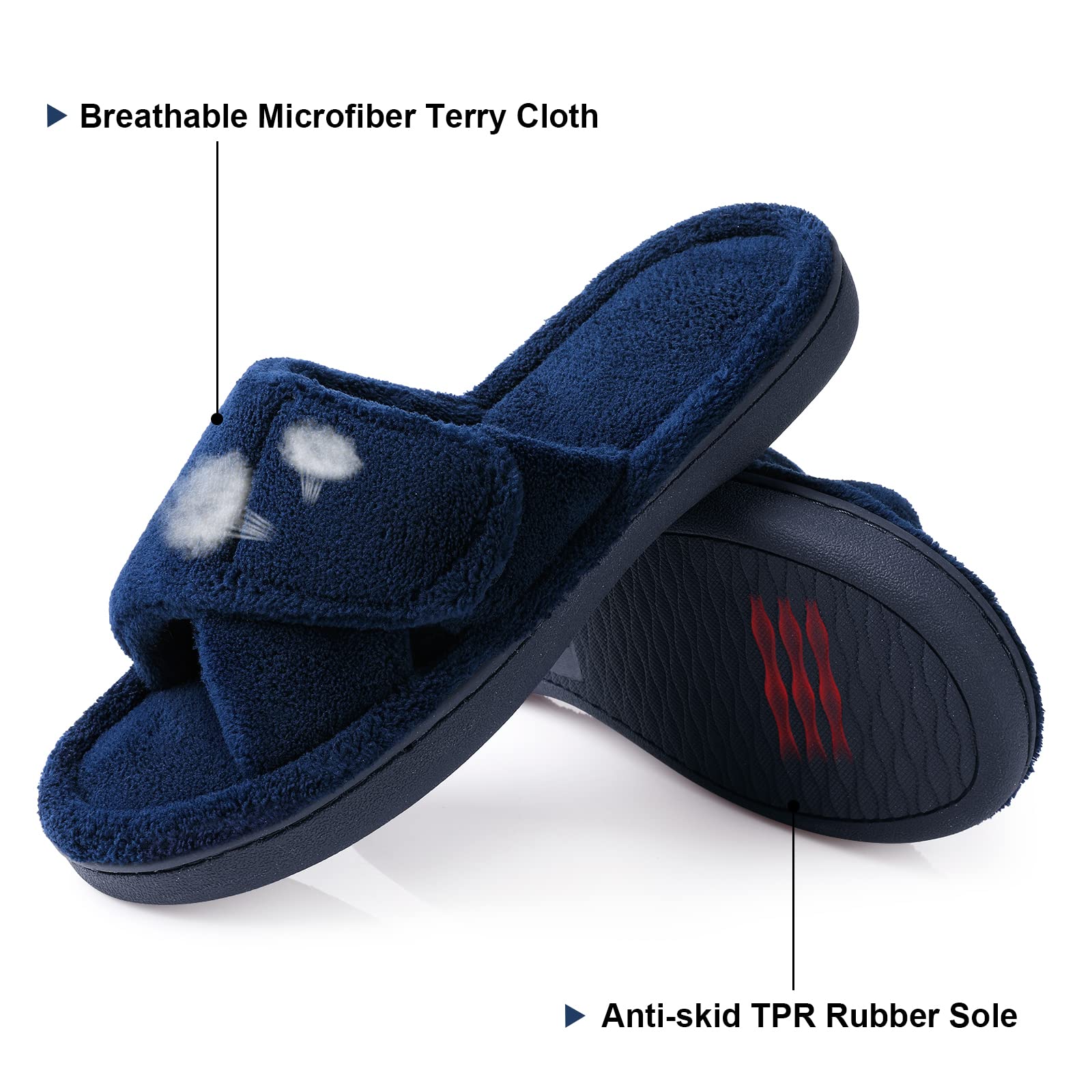 Furry Comwarm Women Soft Sloe Open Toe Memory Foam Non-slip House Plush Slippers Adjustable Terry Cloth Indoor Sandals 6e07