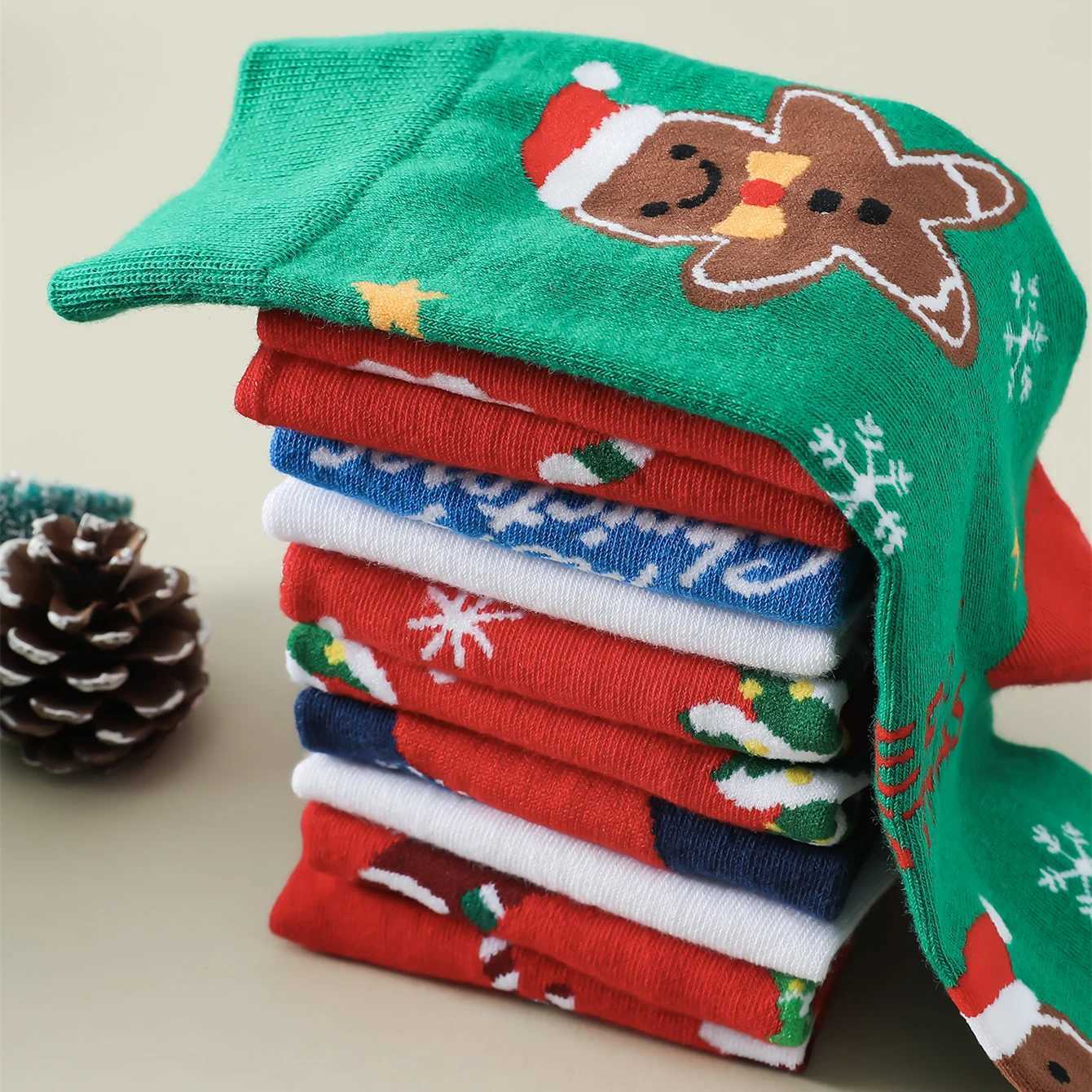 Men's Socks 6 Pairs Women Christmas Socks Cartoon Santa Claus Snowflake Xmas Tr Gifts Pattern Crew Funny Happy Socks New Year Y240830BQVH