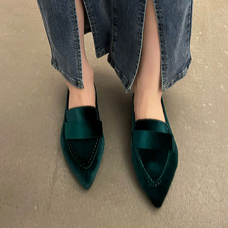Women's Velvet Flats Pointed Toe Slip on Flat Shoes Woman Loafers Sewing Boat Shoes Plus Size 42 Black Green Brown Purple 1106N