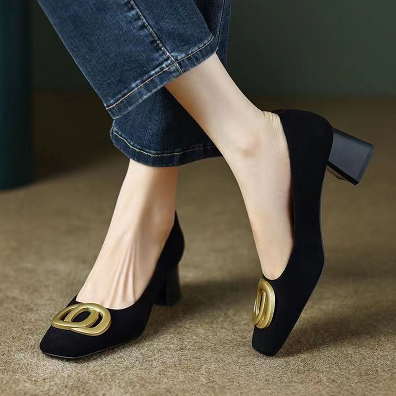 Plus Size 41 Women Pumps Square Toe Boat Shoes Faux Suede Rhinestone High Heels Dress Shoes Black Basic Pump Zapatos Mujer 1308N
