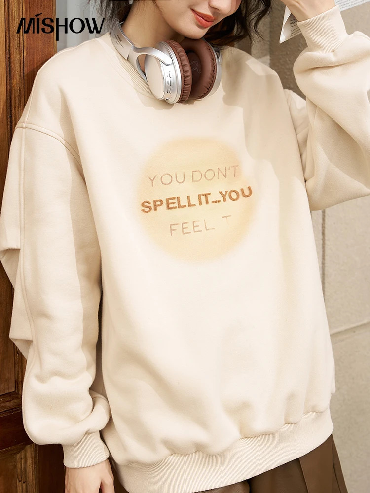 MISHOW Womens Letter Embroidered Printed Oversized Sports Shirt Autumn Sunset Pulling Staff Neck Casual Soft Top MXC48V0027 240827