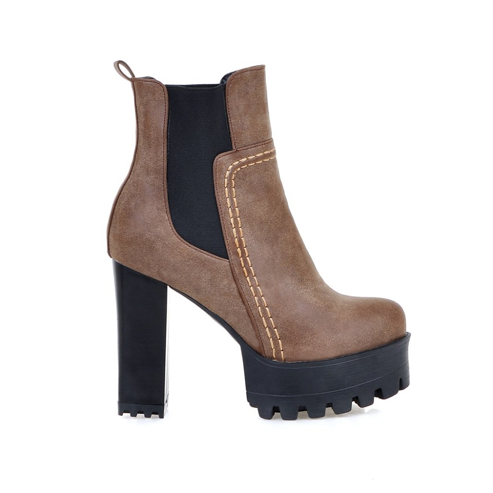 Ankle Fashion Boots For Women Platform Round Toe High Heels Short Boot Female Punk PU Grey Brown Vintage Autumn Winter Shoes 7a85