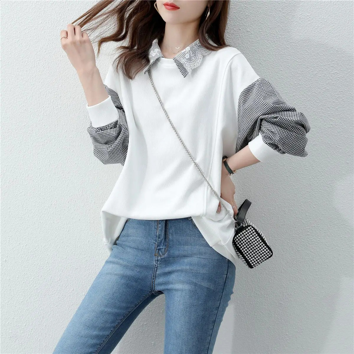 Autumn Womens Splicing Collar Hoodie Trend Ins Loose Korean Spring and Thin Edition Coat Top 240827