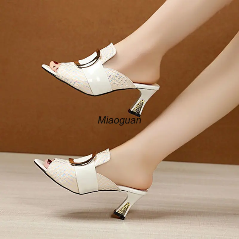 2024 Open-toe Women Sandals Elegant Thick Middle Heels Slippers Fashion Summer Comfort Woman High Heel Shoes Chaussure Femme