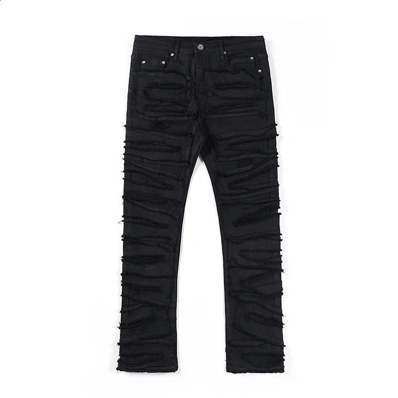 Heavy Industry Hole Frayed Destruction Waxed Jeans Mens High Street Retro Straight Ripped Pencil Pants Oversize Denim Trousers 240826Z