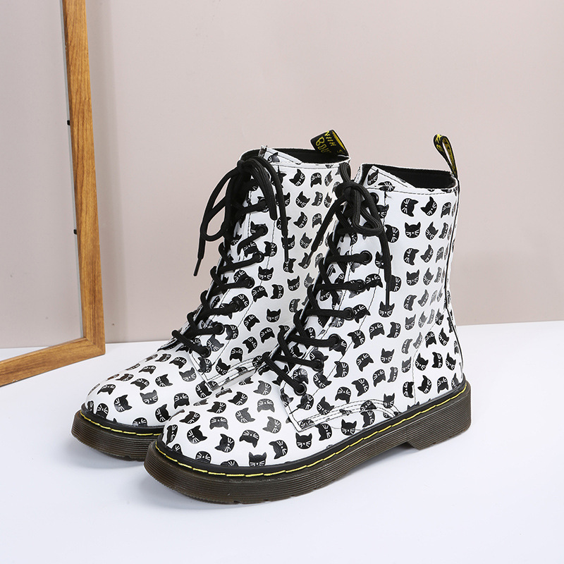 European and American flat bottom flower lace-up Martin boots for women large size printed high top leather boots Leather boots