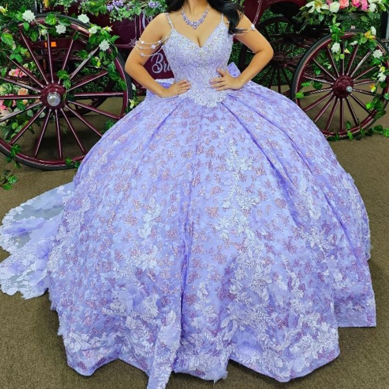 Lavender Shiny Princess Quinceanera Dresses 3D wer Sequin Applique Bow Beads Tull Corset Cinderella Party Sweet 16 Dress vestidos de 15