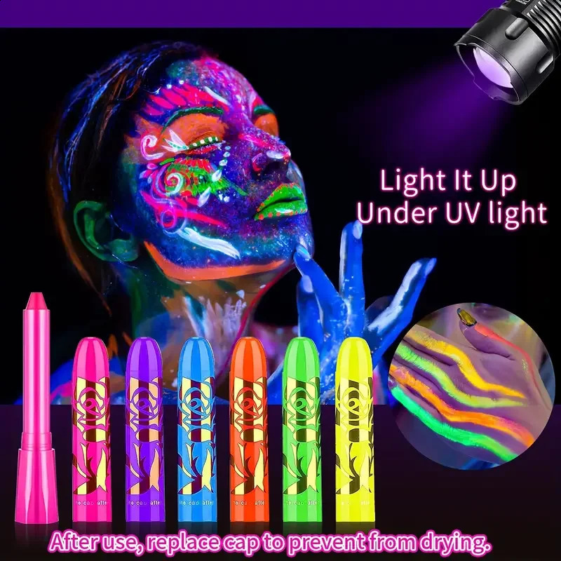 6Pcs UV Neon Paint Kit emits light in the dark under UV light black glow makeup kit washable water-soluble paint 240829