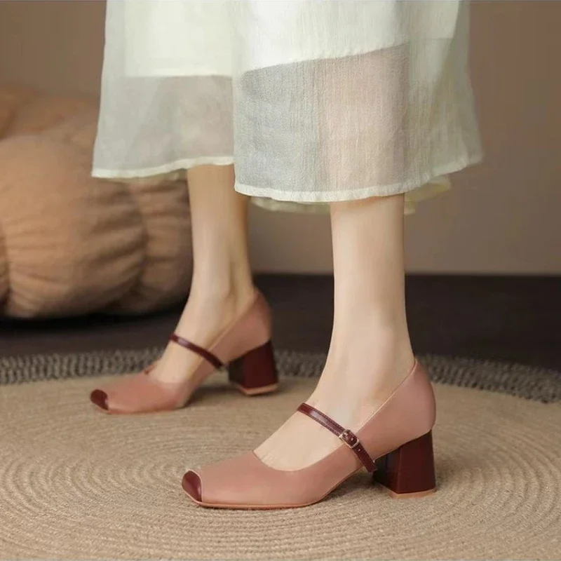 2025 NEW Spring Women Mary Jane Autumn Fashion Toe Shallow Ladies Elegant Dress Single Leather Shoes Square Heel Pump ac