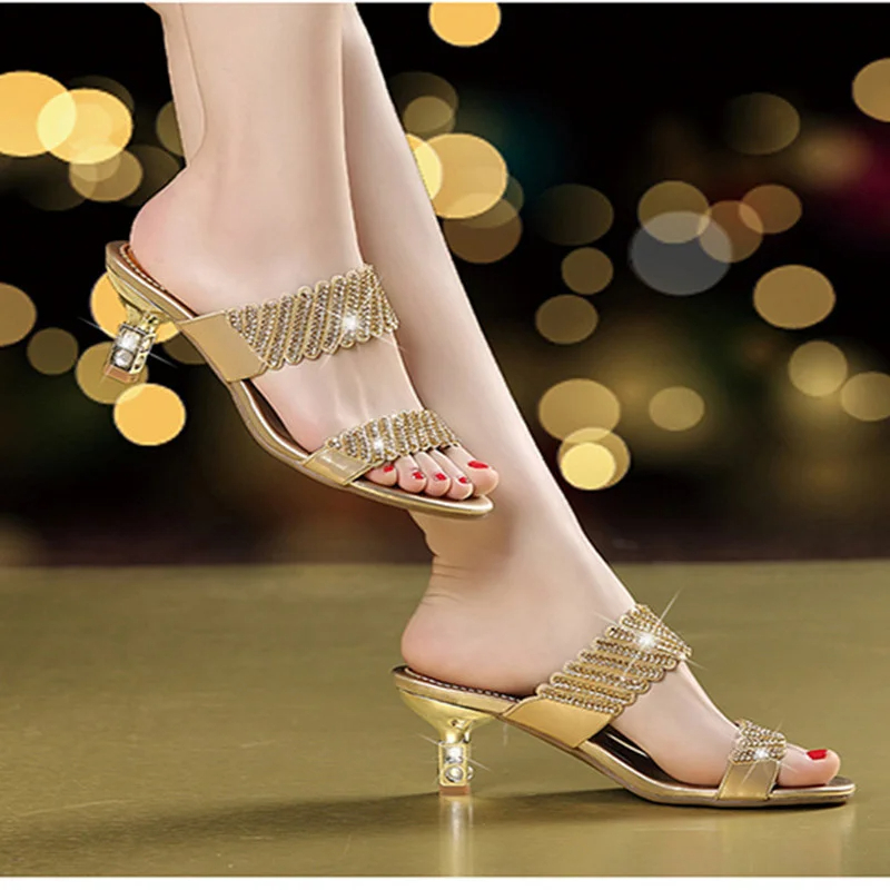 2024 New Women's Summer Fashion Comfort Elegant Sandals Gold One-word Diamond Stiletto Heel Medium Heel Rhinestone Sandals