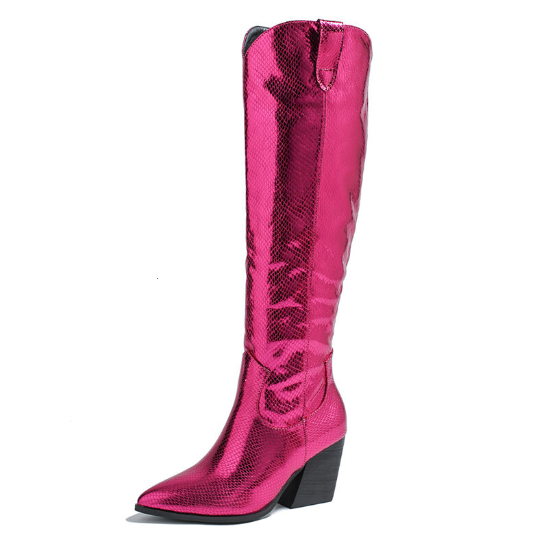 Metallic Cowboy Woman Western For Women High Boots Zip Embroidered Pointed Toe Low Heel Female Shoes Big Size 35-43