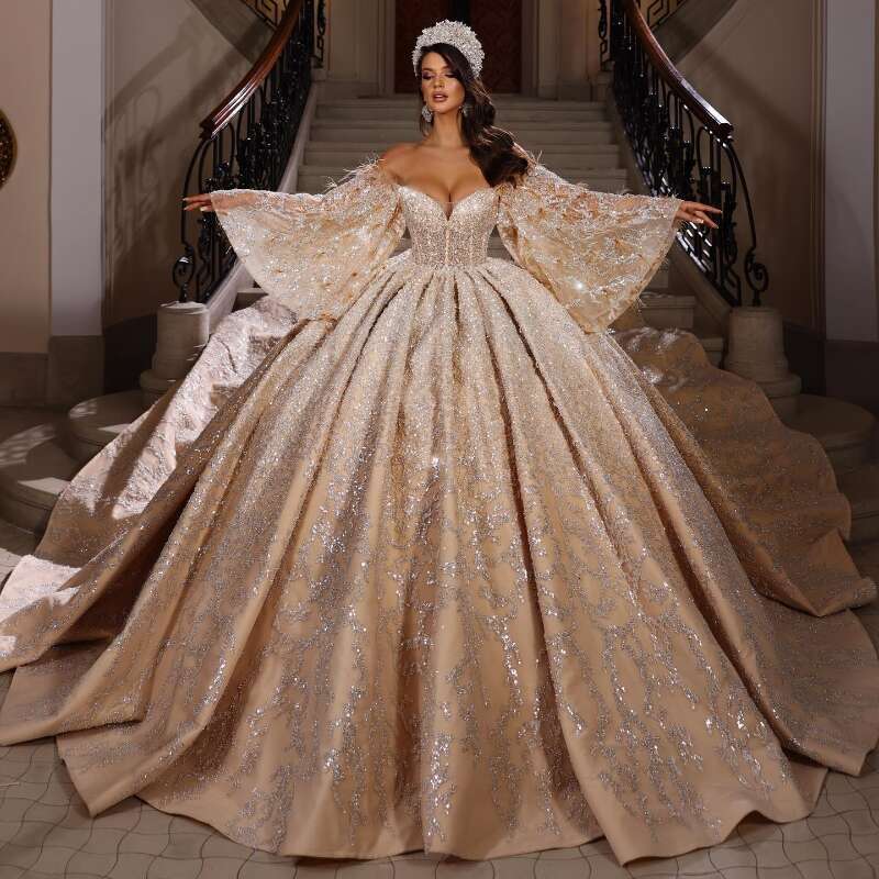 Charming Sweetheart Shiny Ball Gown Wedding Dress 2024 Romantic Off Shoulder Appliques Feather Beading Princess Bridal Go