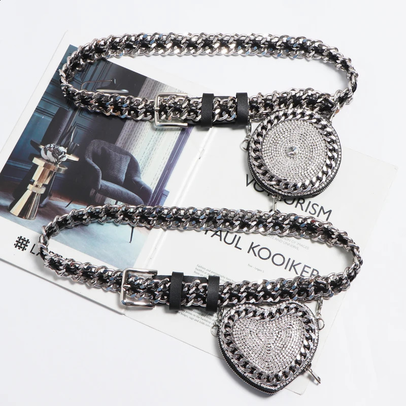 Punk Woven Belt Wide Chain Waist Bag Adjustable with Coin Women Cute Heart Circular Fanny Pack 240830Z