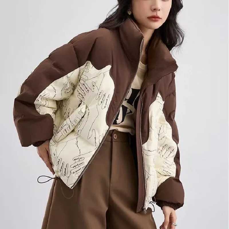 Women's Down Parkas Womens Short Down Jacket with Stand-up Collar White Duck Down Thick Warm Color Collision Printed Coats Casual Winter Parka Y2