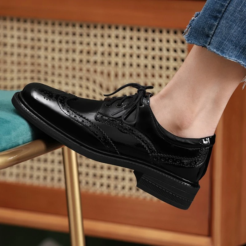Spring Autumn Women Oxford Flats Shapes Brogues Genuine Leather Office Outsole Mole Female Ballet Derby Shoes Ladies a27f