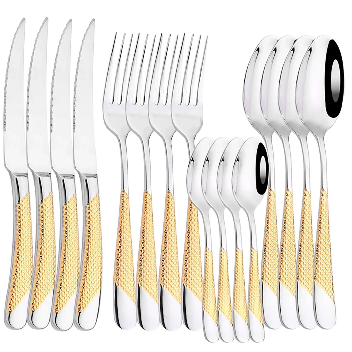 16Pcs Dinnerware Sliver Stainless Steel Cutlery Gold Plated Western Tableware Dinner Set Mirror Knife Fork Spoon Dishwasher Safe 240830