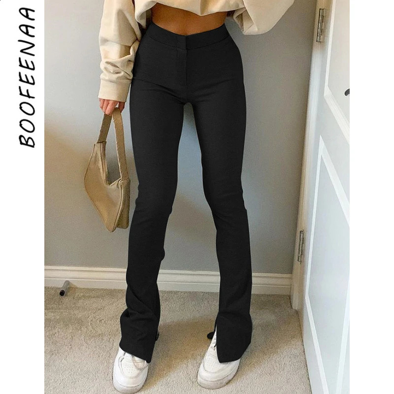 BOOFEENAA Street Style Split Sports Pants Womens High Waist Shining Y2k Solid Color Cotton Black Brown Running C84CG31 240827