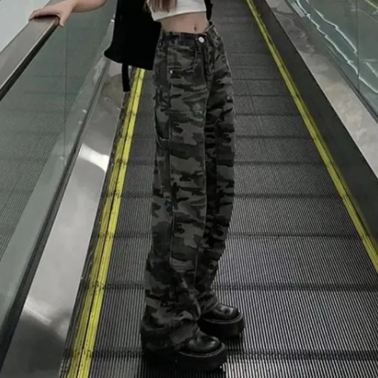 American street camouflage casual womens jeans Y2k EGirl high waist straight triple pants spring loose wide leg 240827