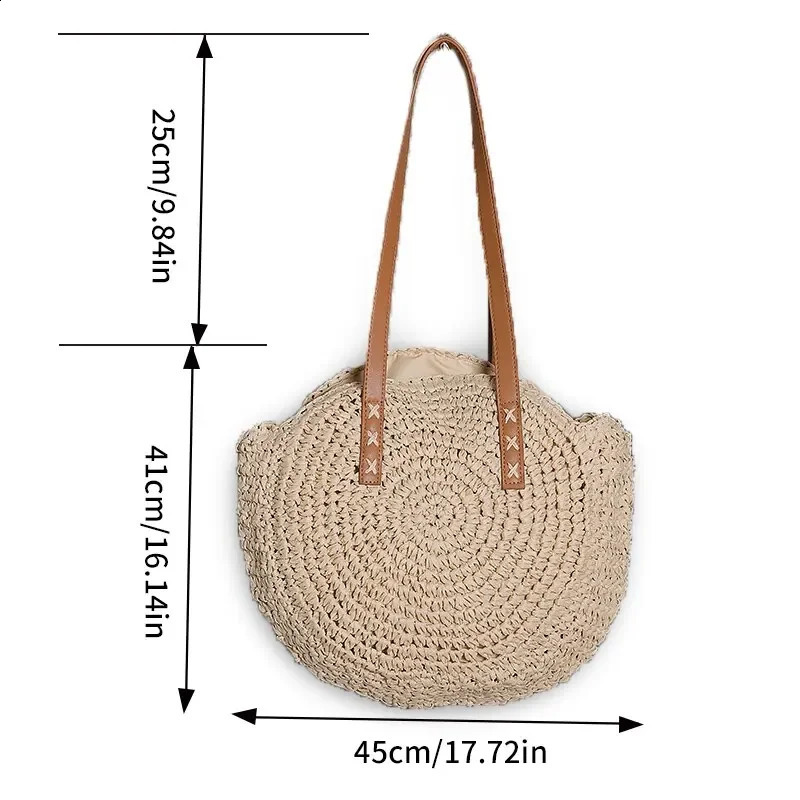 Round grass beach bag vintage handmade woven shoulder Lafia round latan Bohemian summer vacation leisure 240830