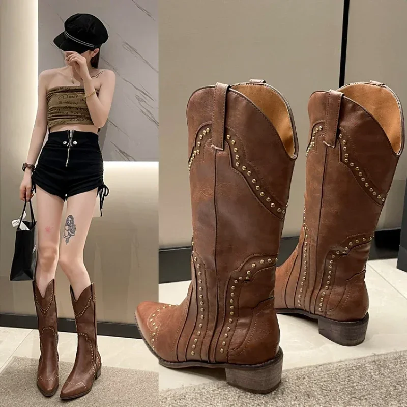 Retro Rivet Mid Calf Cowboy for Women 2024 Autumn Chunky Heels Western Boots Woman Slip on Pointed Toe Cowgirl Boras ad53
