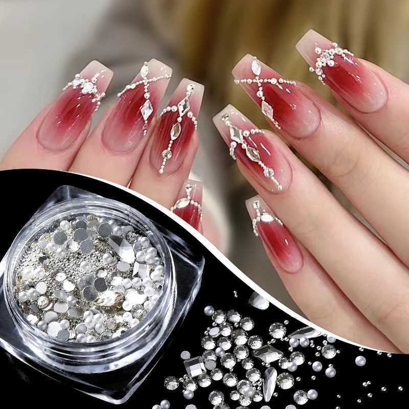 3D nail rhinestone white pearl mixed size transparent glass bead flat back gemstone metal stud accessory W240829