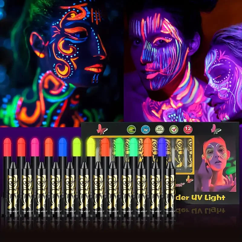 12 pieces of UV neon face paint glowing in the dark under UV light. Crayon sticks carnival party Halloween makeup 240829