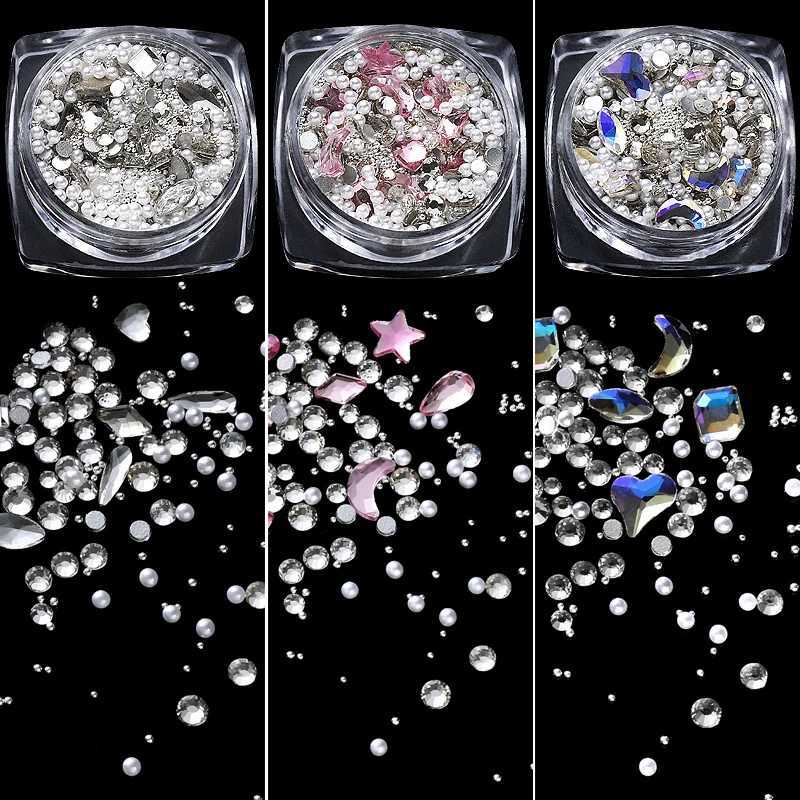 3D nail rhinestone white pearl mixed size transparent glass bead flat back gemstone metal stud accessory W240829