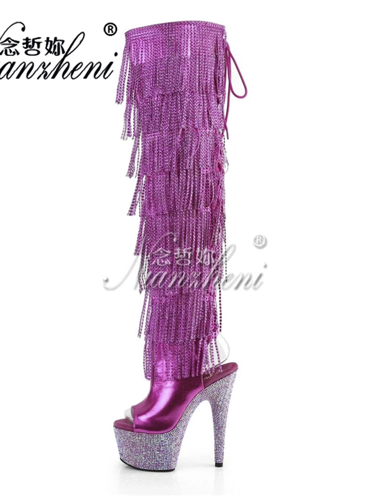 Gothic Exotic Heels 17cm Platform Boots Fringe Party Sexy Fetish Shoes Women Gothic Strip Pole Dance Models Nightclub Rhinestone
