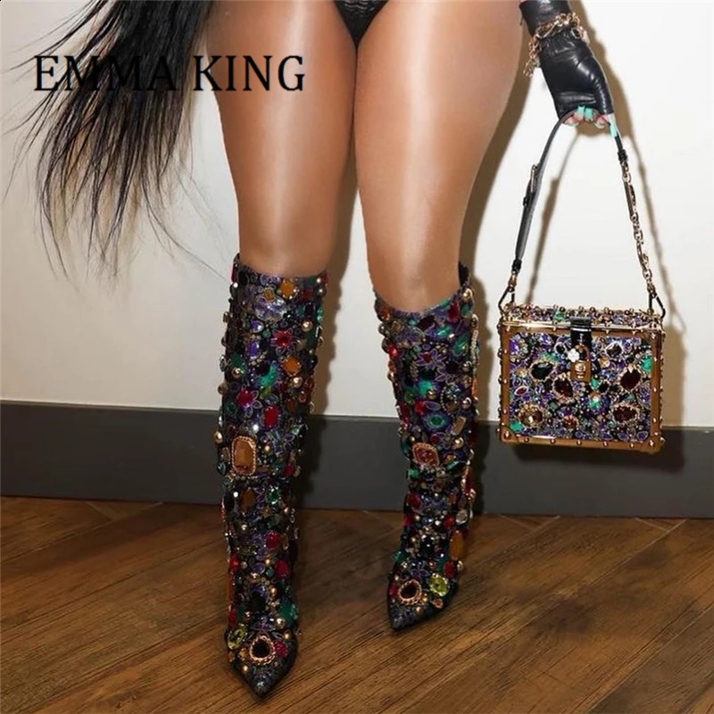 Women Gemstoneembellished Kneeheight Boots Sexy Pointed Toe Stiletto Heel New Botines Mujer Ladies Runway Party Shoes 240828