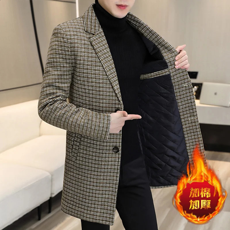 autumn and winter mens wool jacket long and thick coat slim fit casual business wool blend coat street mens clothing 240829