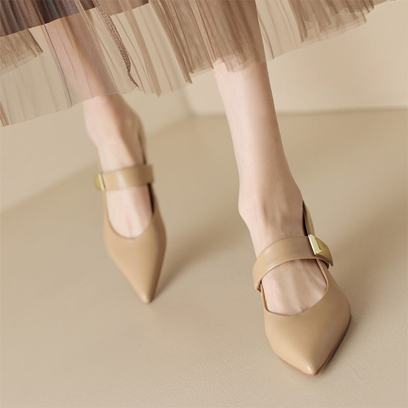 New Women's Mary Janes Shoes Pointed Toe Pumps Mid Heels Dress Shoes Metal Boat Shoes Zapatos Mujer Elegant Office Lady 1285N