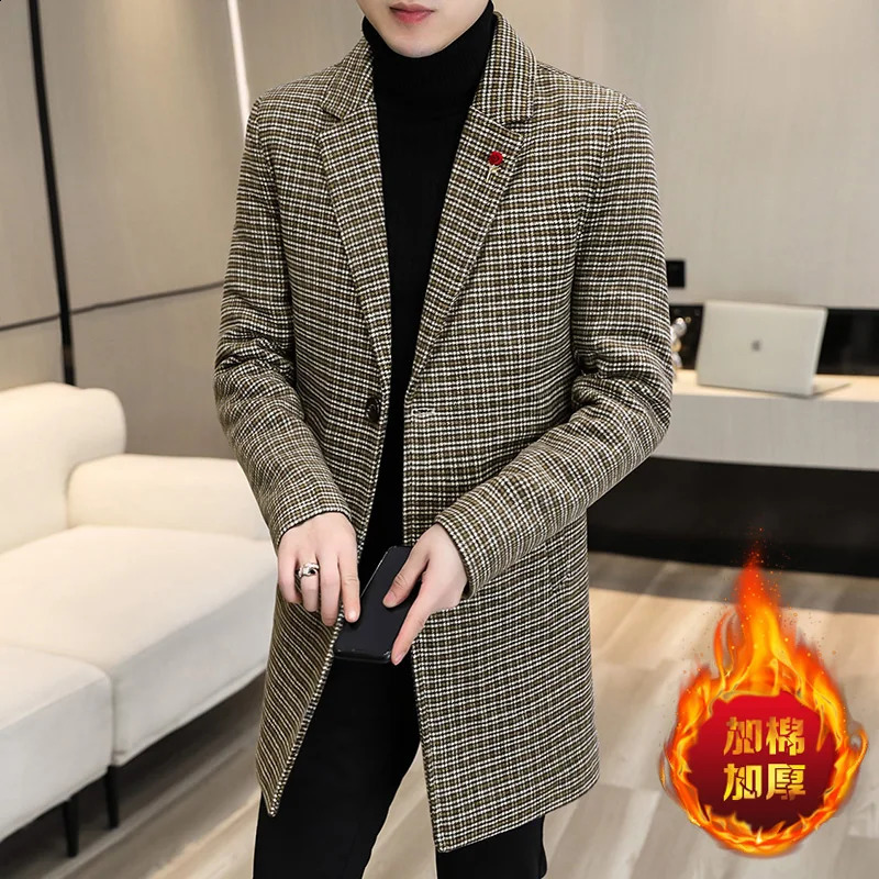 autumn and winter mens wool jacket long and thick coat slim fit casual business wool blend coat street mens clothing 240829