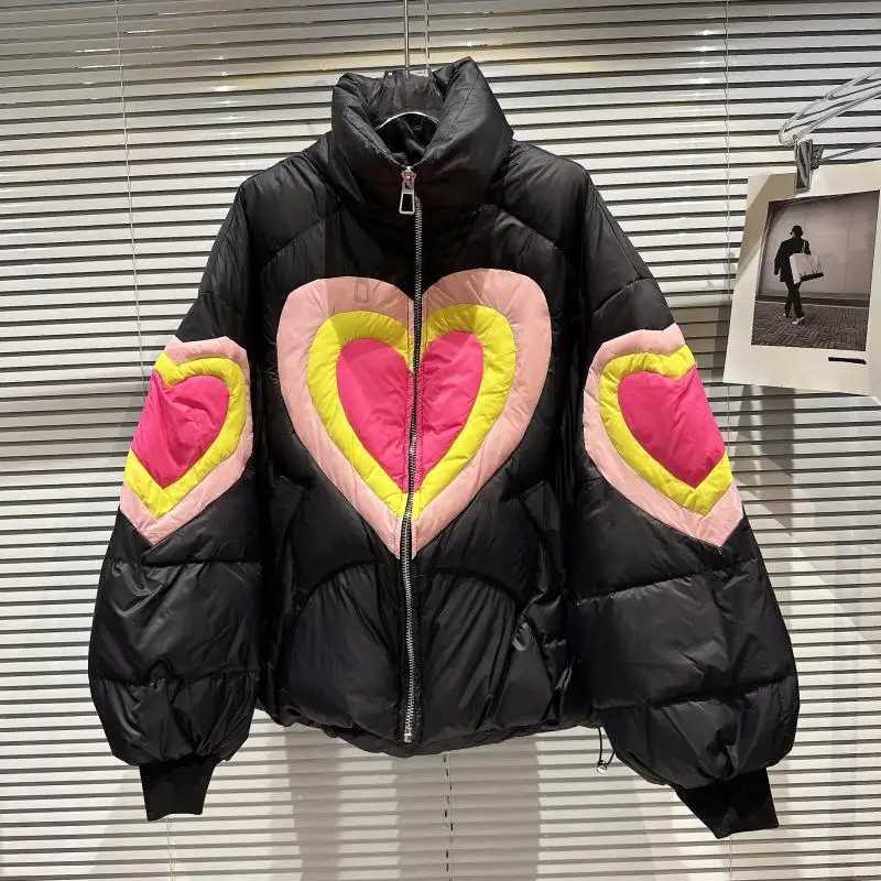 Womens Down Parkas Heart shaped printed down jacket for women highquality Parkas splicing fashionable couple cotton coat thick and warm winter jacket 