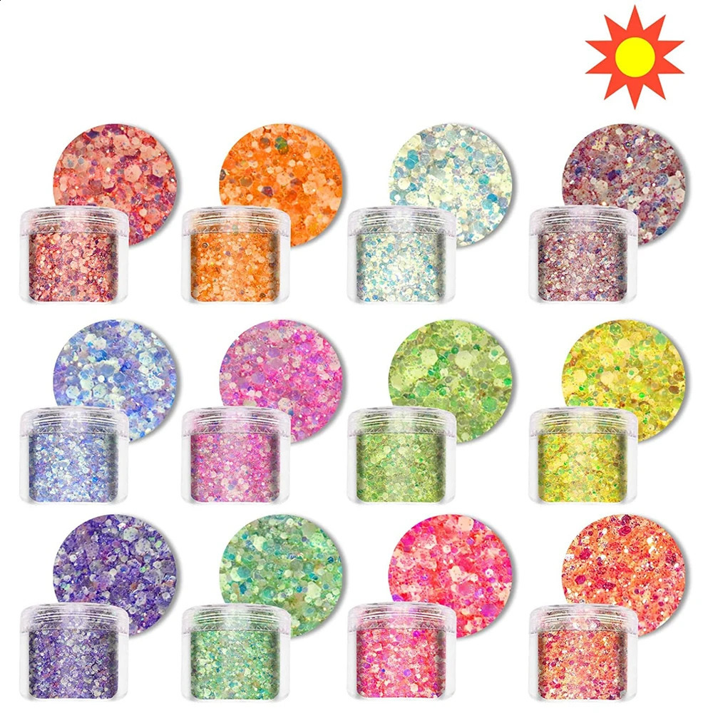 15 colors -20g luminous short and chubby nail art flash mixed with ultra-fine powder iris hexagonal ultraviolet glitter 240829
