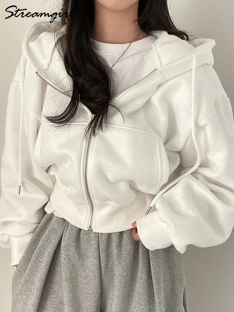 Streamgirl Short Hoodie Womens Zipper Oversized Jacket Spring Grey Sportswear with Cotton Top 240827