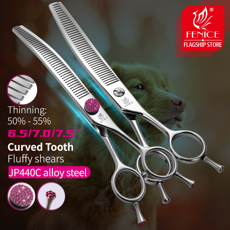 Fenice 6.5/7/7.5 inch curved thinning scissors pet dog grooming shears Bichon dog scissors fluffy traceless thinning rate 50-55%