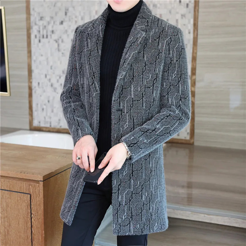 High quality autumn and winter mens mid length wool jacket business casual thick striped coat warm and windproof jacket 240829