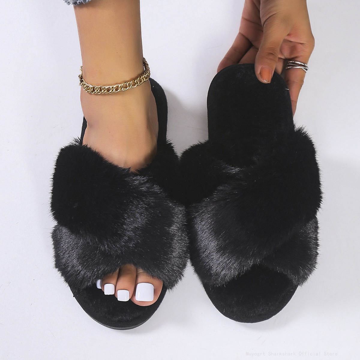 Winter 2023 Women Home Indoor Casual Fuzzy Female Flip ps Fluffy Shoes Cross Slides New Ladies Soft Plush Furry Slippers 0453
