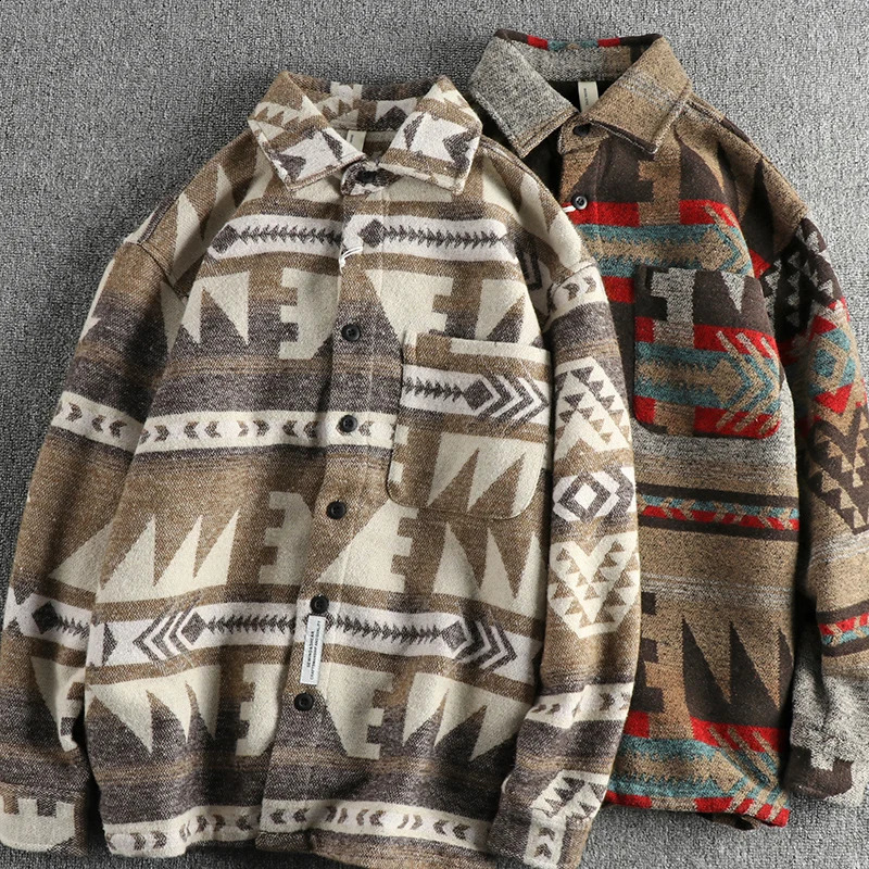 Heavy duty retro tribal pattern wool fabric long sleeved shirt mens autumn and winter thick warm American casual jacket 240829