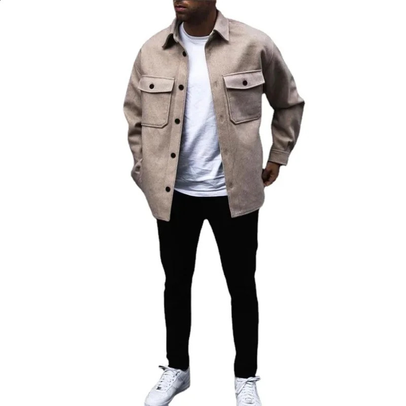 Mens jacket autumn winter youth casual wool coat long sleeved single chest pocket jacket cardigan mens top 240829