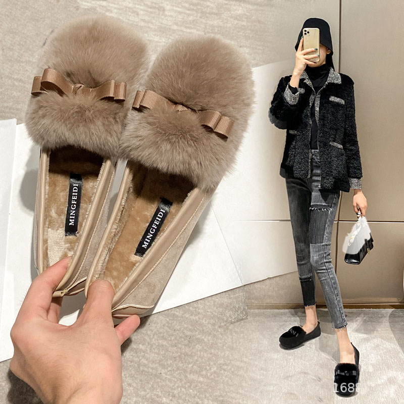 silk bow decoration fur winter shoes for women cozy flock plush padded moccasins female bowtie rabbit fur loafers big size 43