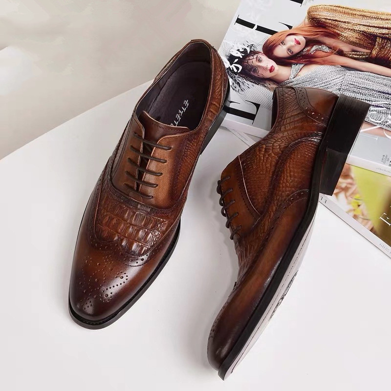 Plus Szie 48 Men Dress Shoes Brock Oxford retro crocodile leather Shoes formal spring Working Casual business shoes for Wedding