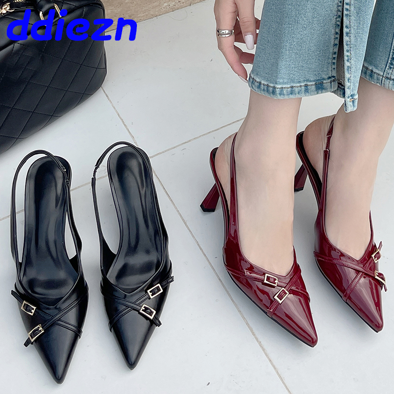 Big Size Fashion Pointed Toe Pumps Ladies Thin Heels Shoes Female Slingbacks Slides Women High Heels Shoes Wine Red Footwear