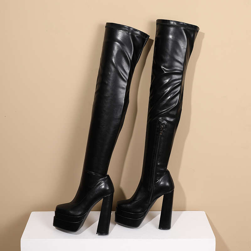 Square Toe Super High Three-Layer Platform Fashion Women's Over The Knee Thick Heel Side Zipper Slip-On Plush Ing Boots