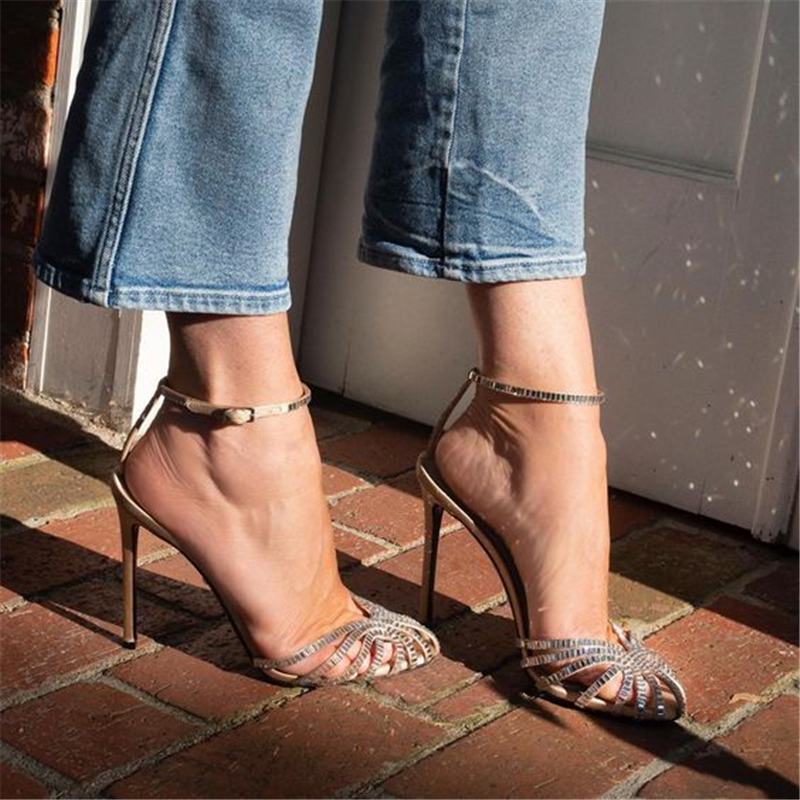 Designer Crystal Women Gladiator Sandals Ankle Strap High Heels Hollow Out Summer Dress Shoes Closed Toe Stiletto Ladies Pumps