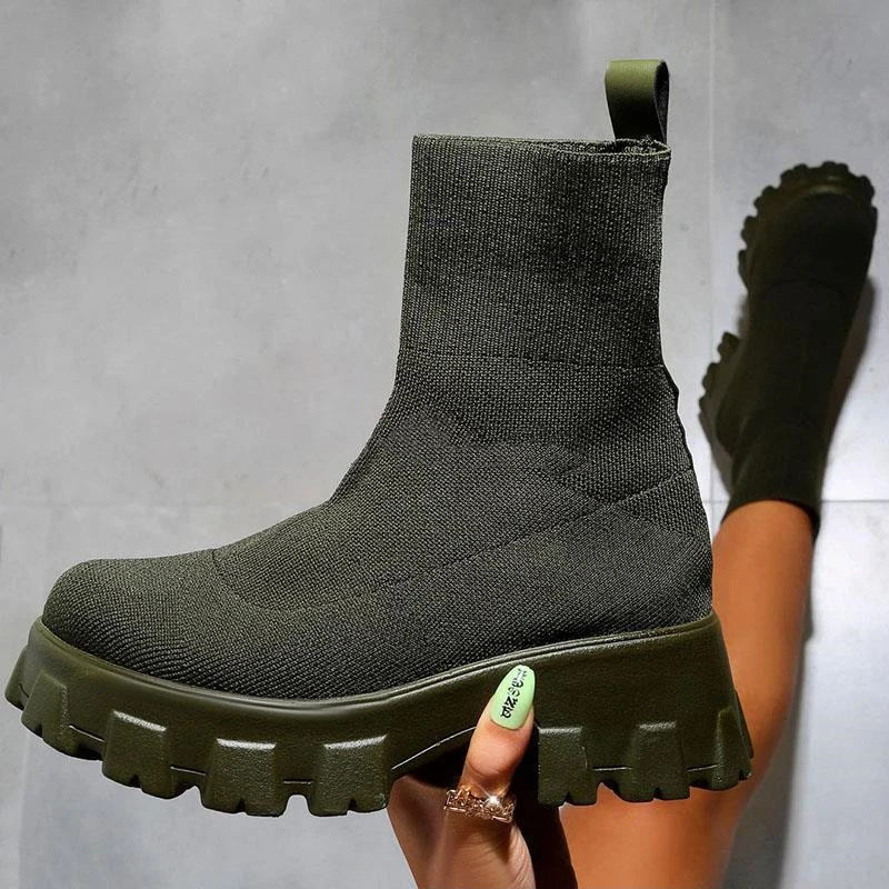 Autumn Women 2023 New Platform Breathable Knitted Elastic Wedges Soc Bottom Thick Heel Ankle Boots Woman 2f61