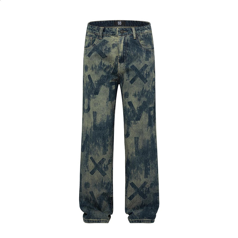 Y2K mens jeans with letter print straight leg denim pants wide leg loose fitting mens clothing 240829