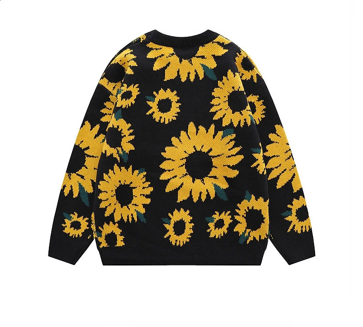 Couples loose knit sweater round neck oversized casual chrysanthemum print sweater mens street Harajuku fashion jumping autumn 240829