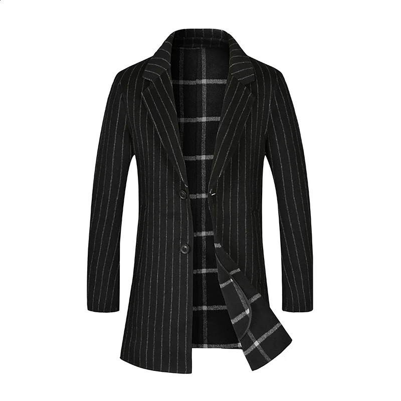 Business and leisure mens autumn and winter striped wool coat mid length coat top-grade wool coat daily thick warm windproof jacket 240829